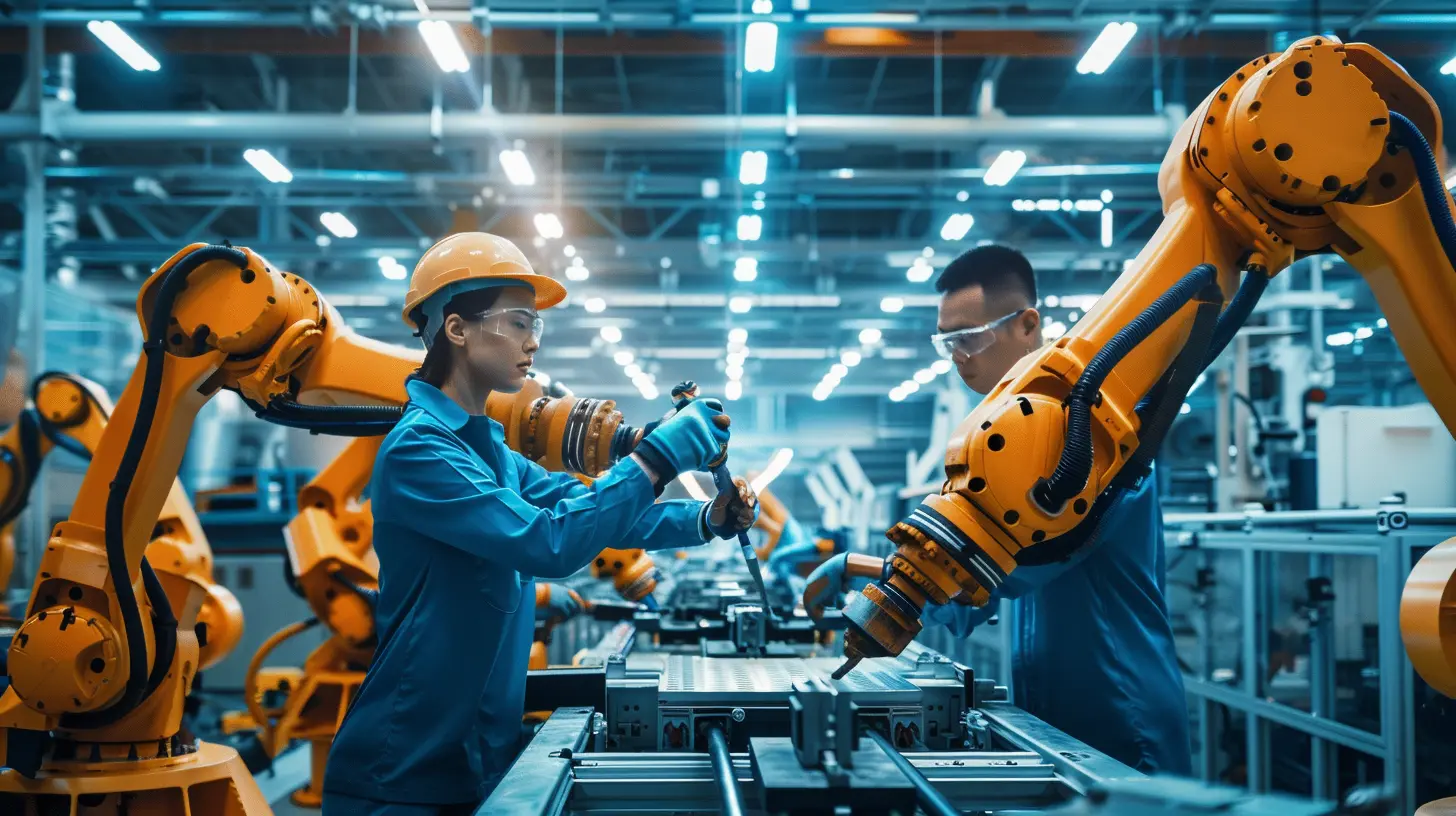 Workers alongside robotic arms on a factory floor