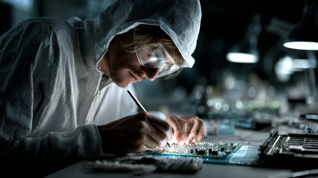 Technician soldering printed circuit board during R&D assembly