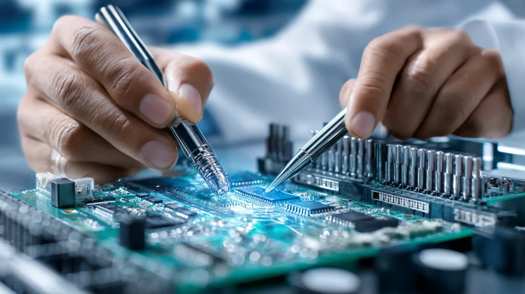 Hardware engineers testing new PCB design in R&D lab