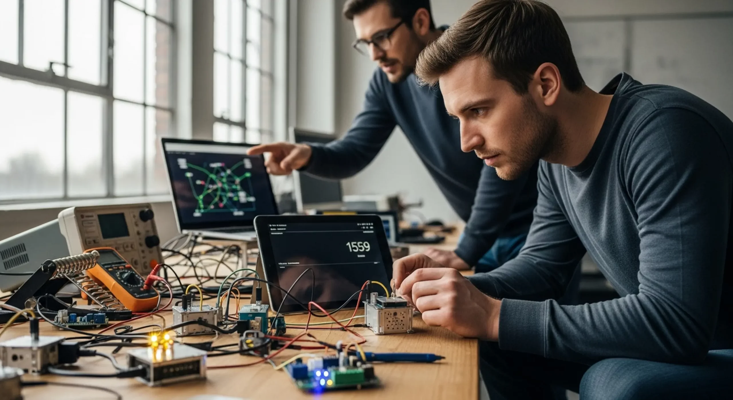 Hardware engineers testing new design in R&D lab