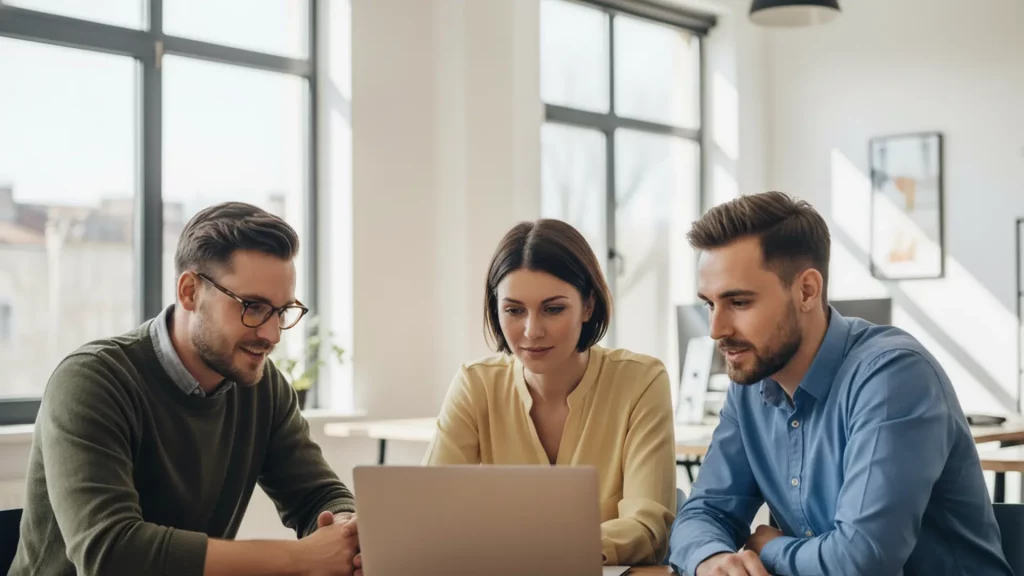 Three technical team members reviewing SR&ED time tracking records together on a laptop in a modern Canadian office in 2026