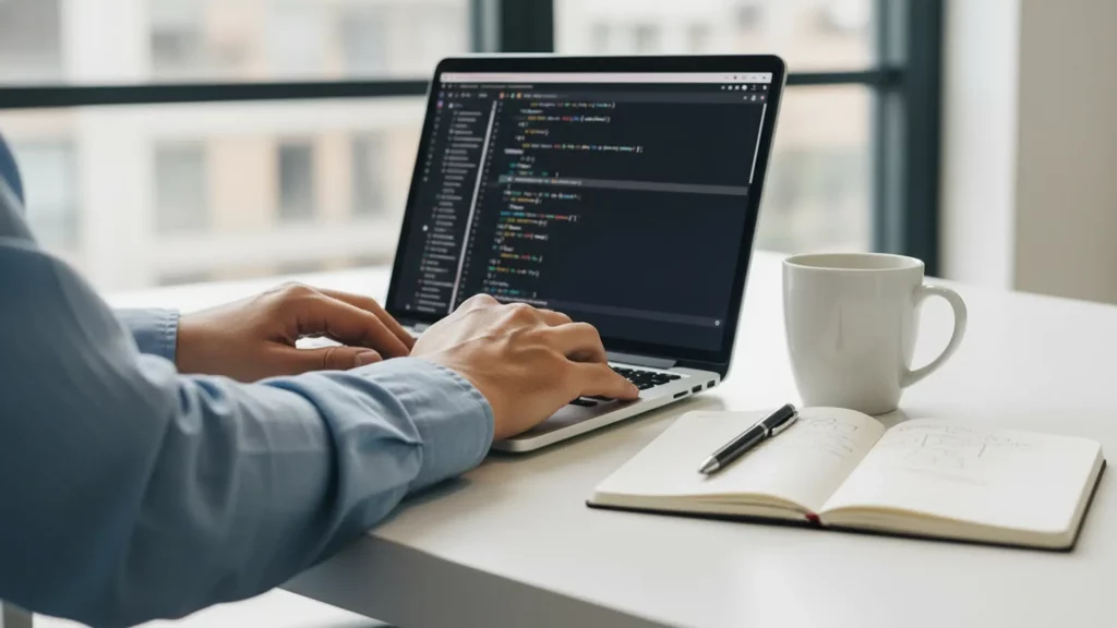 A technical professional tracking SR&ED time while writing code on a laptop with a notebook and coffee nearby