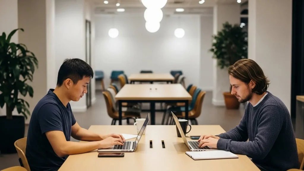 Two technical team members tracking SR&ED time on laptops at a shared office workspace in 2026