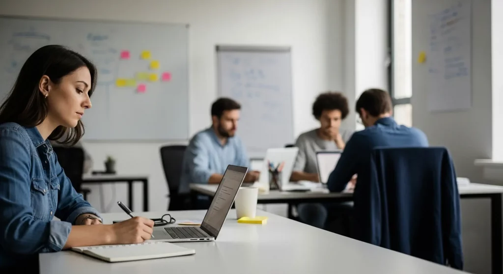 A Canadian technical team works at their desks in a busy office, with a woman taking notes beside a laptop and colleagues collaborating near a whiteboard covered in sticky notes in 2026