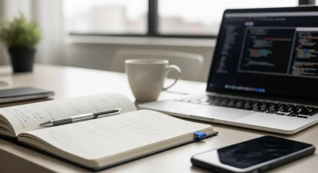 A developer's workspace with an open notebook, laptop showing code, a coffee mug, and a smartphone, representing SR&ED planning for new hires in 2026