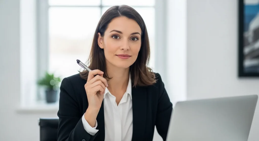 A Canadian startup founder sits at her desk with a laptop and pen, considering whether the SR&ED tax credit programme is worth pursuing for her business