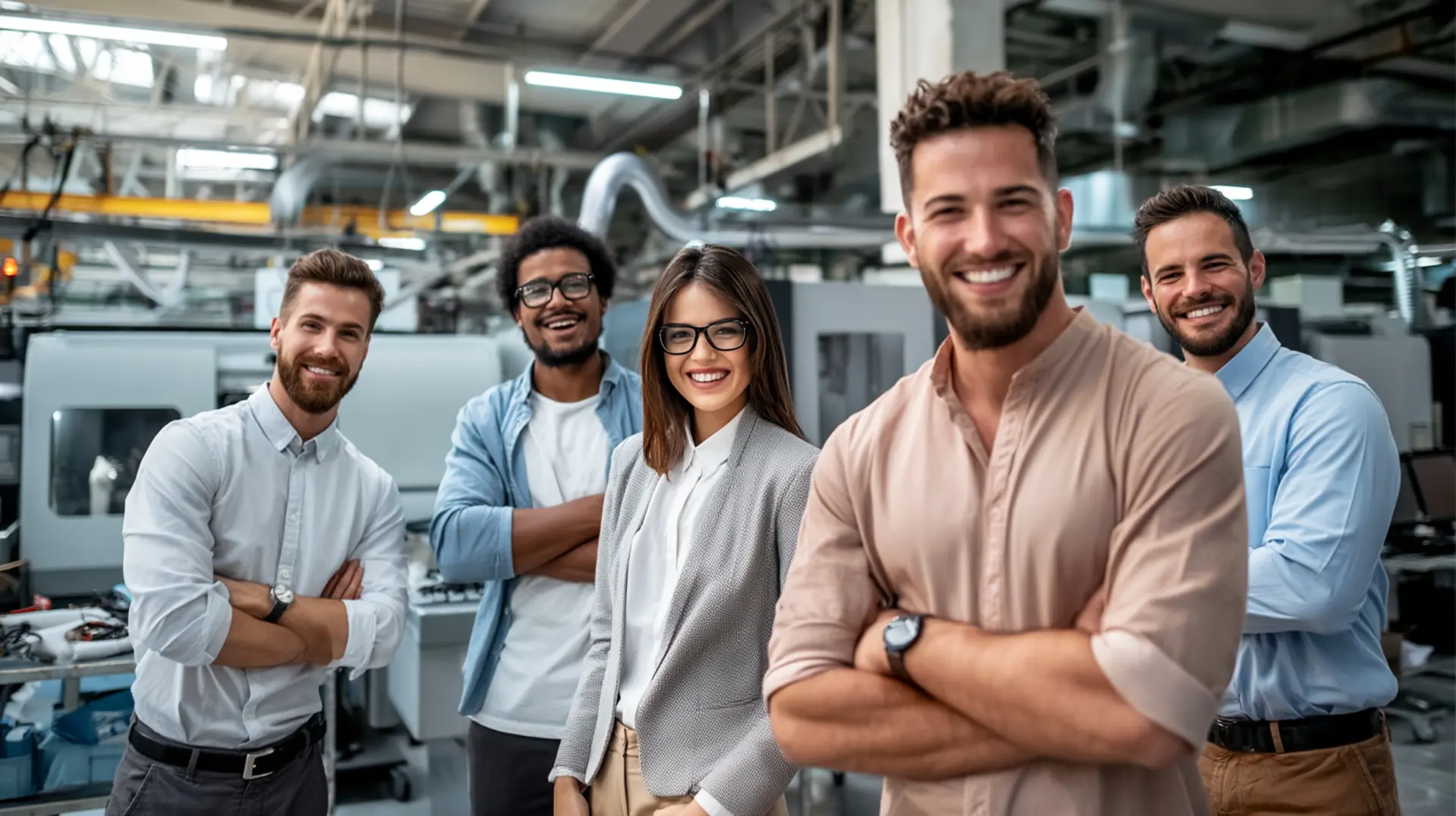 Five confident Canadian computer and electronic product manufacturing professionals stand together with arms crossed in front of industrial equipment, representing SR&ED eligible innovation in electronic manufacturing for medical devices and health technology