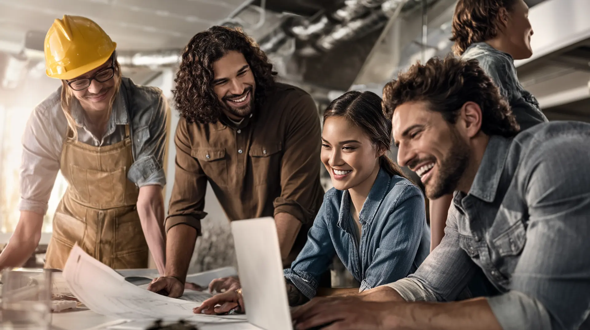 A diverse team of Canadian construction technology and advanced building systems professionals gather around a laptop and site plans on an active job site, representing SR&ED eligible innovation in building and health technology infrastructure