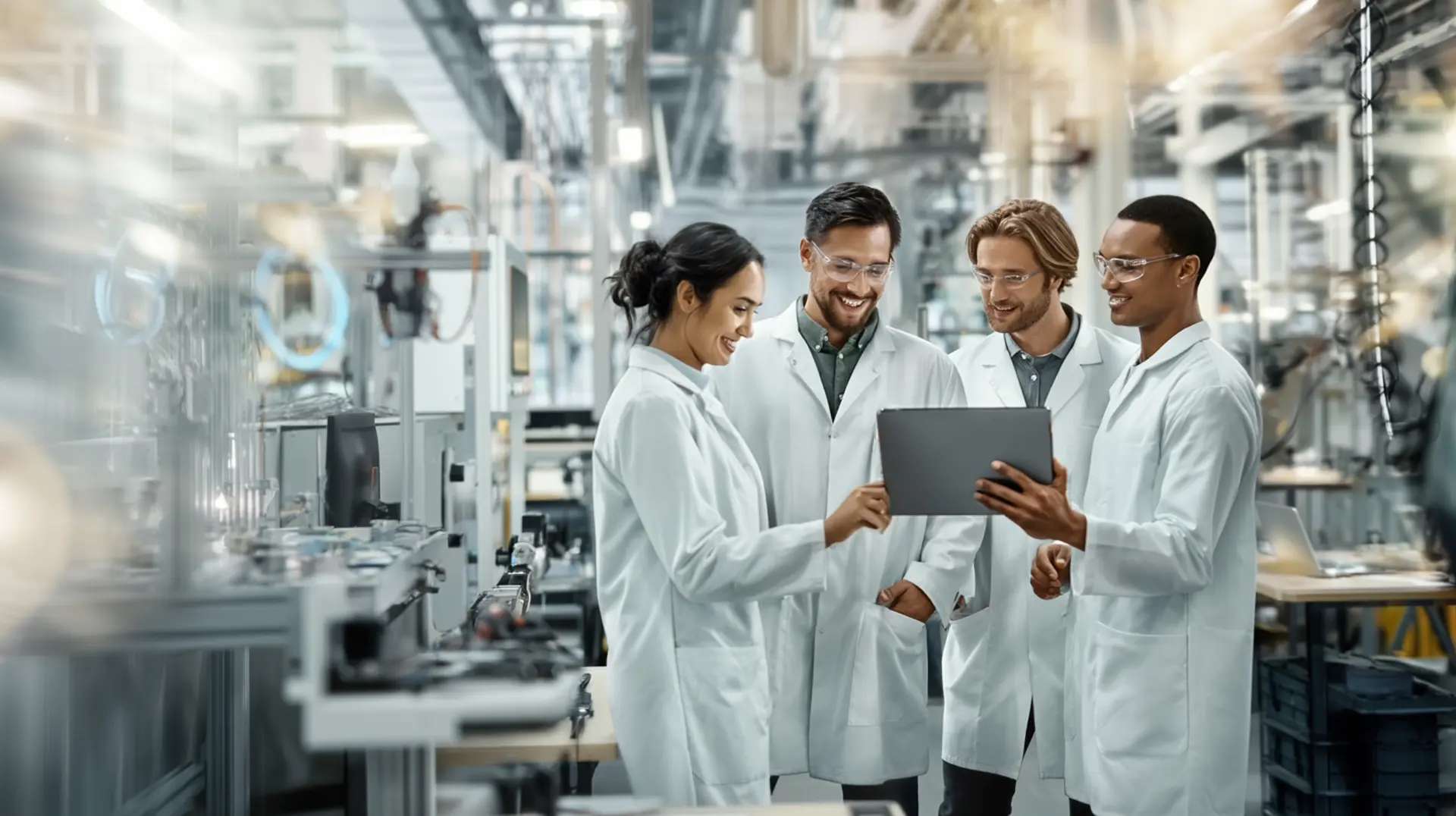 Four Canadian medical device and health technology professionals in white lab coats and safety glasses review data on a tablet together inside an advanced manufacturing and research facility