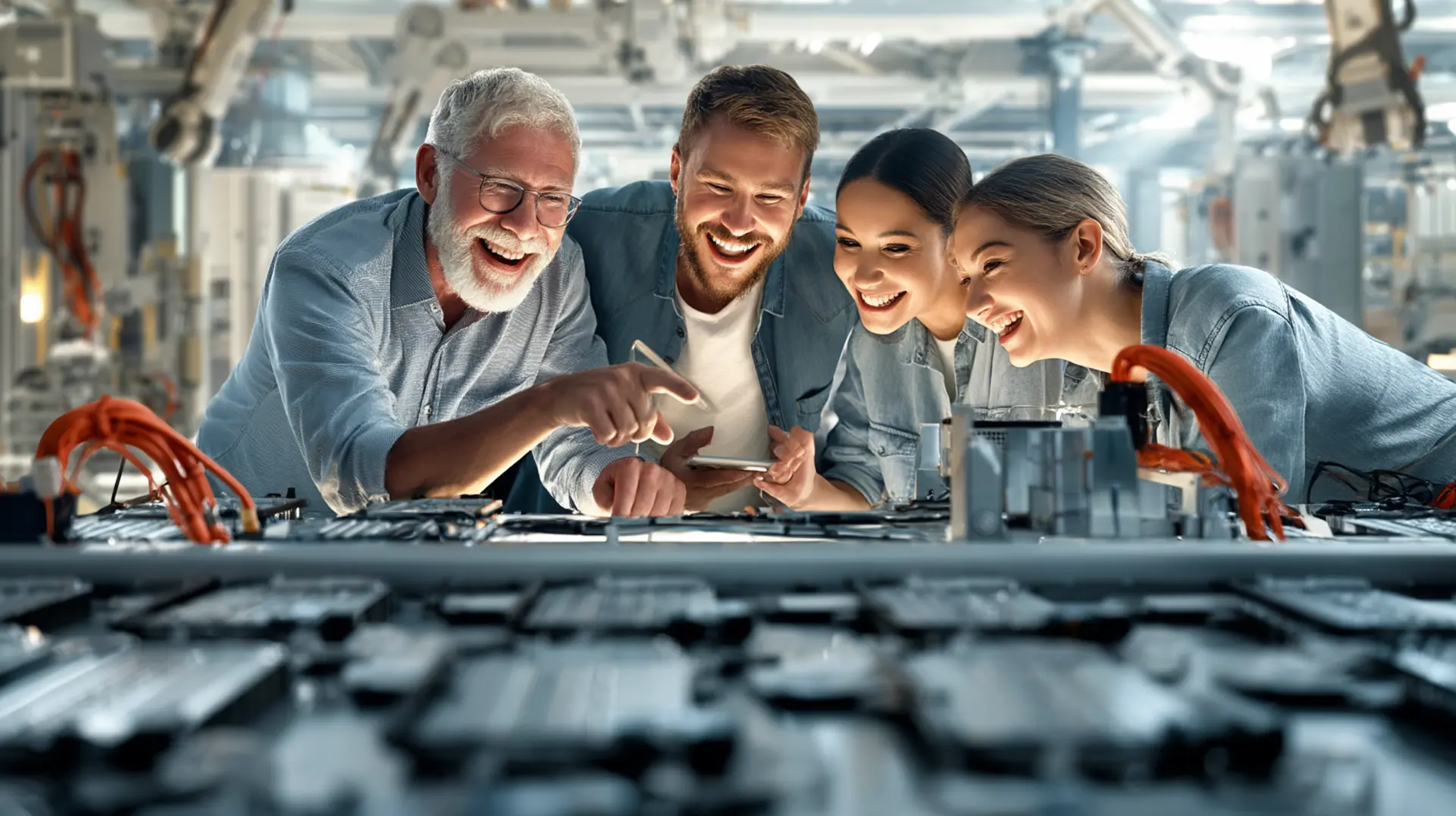Four Canadian environmental and clean technology engineers smile and examine advanced electronic components with orange wiring at an industrial facility, representing SR&ED eligible cleantech and health technology innovation in Canada