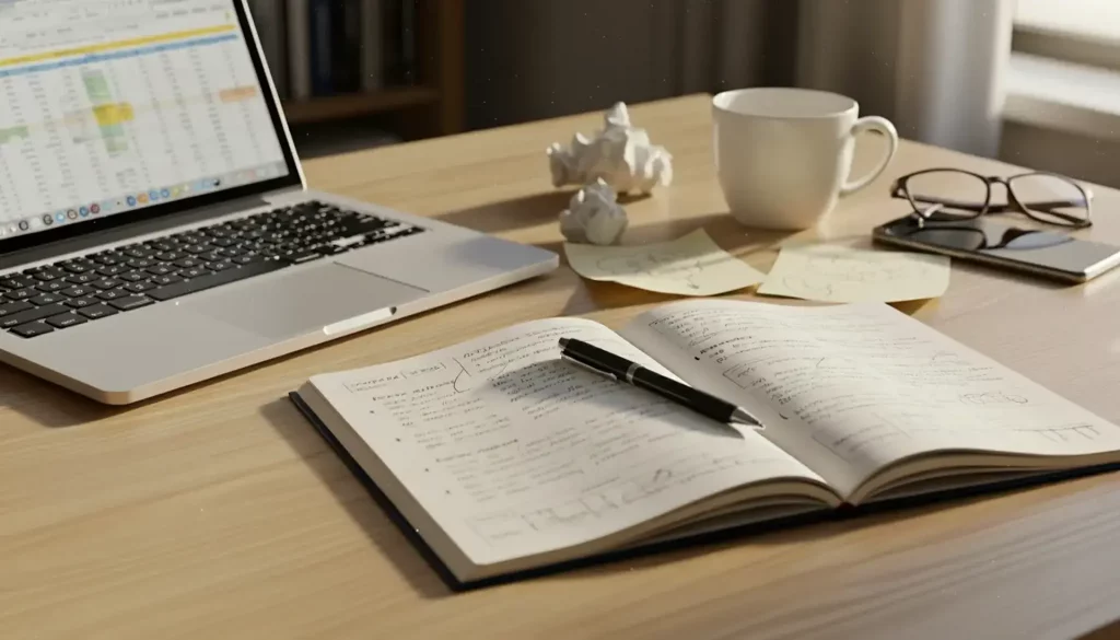 A Canadian researcher's desk with an open handwritten notebook, pen, laptop showing a spreadsheet, coffee mug, glasses, and sticky notes, representing SR&ED documentation and FTCAS preparation in 2026