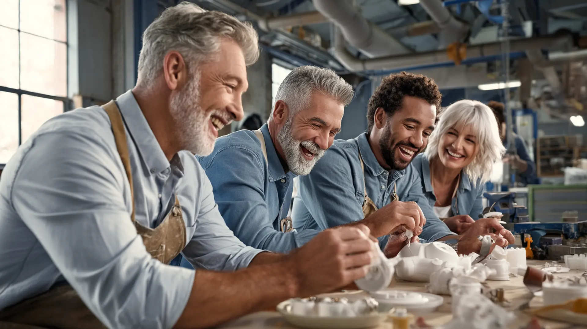 A team of four Canadian medical device professionals laugh and collaborate at a workbench while handling white prototype components in an industrial R&D and manufacturing facility