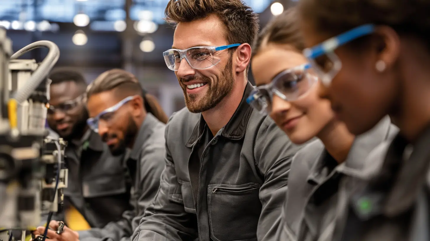 A diverse team of Canadian plastics and materials manufacturing workers wearing safety glasses and work uniforms smile together on a production floor, representing SR&ED eligible innovation in Canadian manufacturing