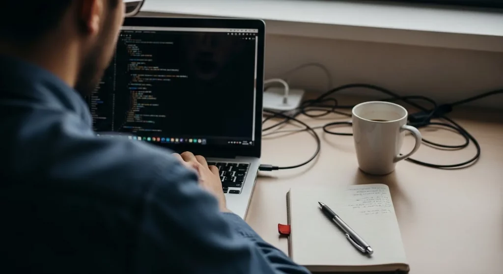 A Canadian developer writes code on a laptop at their desk with a notebook, pen, and coffee mug nearby, representing the SR&ED eligible technical work that qualifies under the CRA's FTCAS programme in 2026