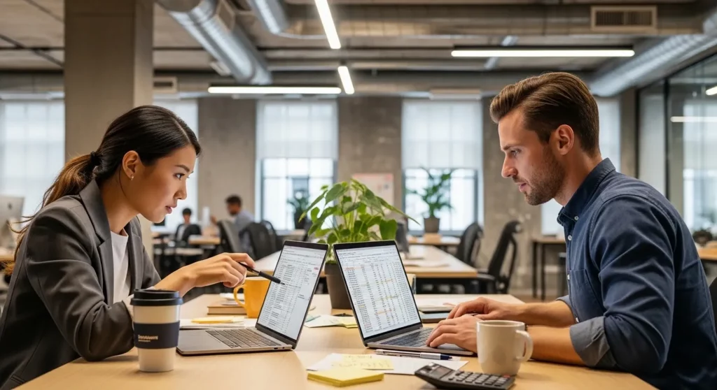 Two Canadian professionals review SR&ED tracking spreadsheets side by side on laptops at a shared office desk, with coffee cups, sticky notes, and a calculator nearby
