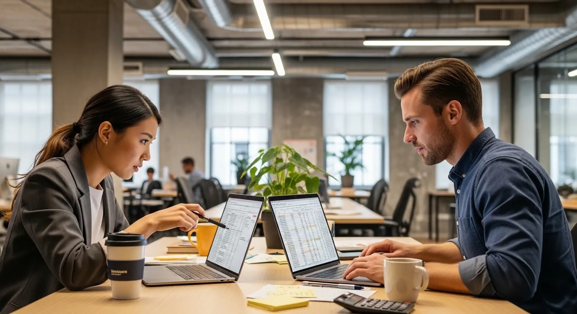 Two Canadian professionals review SR&ED tracking spreadsheets side by side on laptops at a shared office desk, with coffee cups, sticky notes, and a calculator nearby