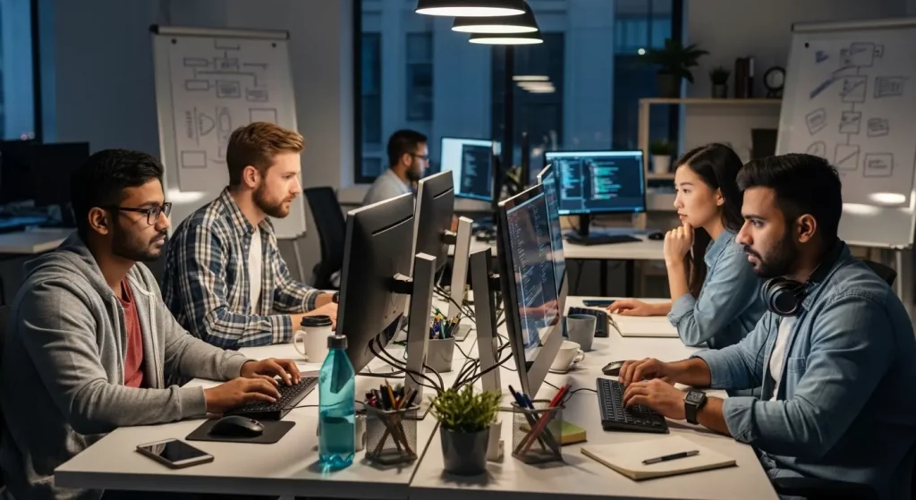 Software development team writing code in a Canadian tech office, working on SR&ED-eligible R&D projects