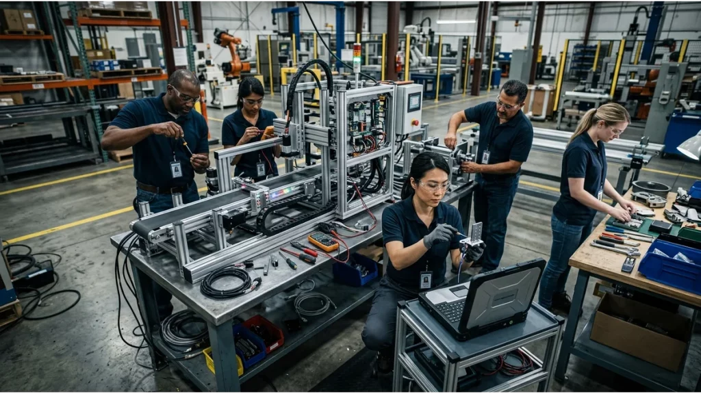 Technicians assembling and testing advanced equipment in an R&D manufacturing facility, illustrating how Canadian businesses can maximize SR&ED tax credits in 2026