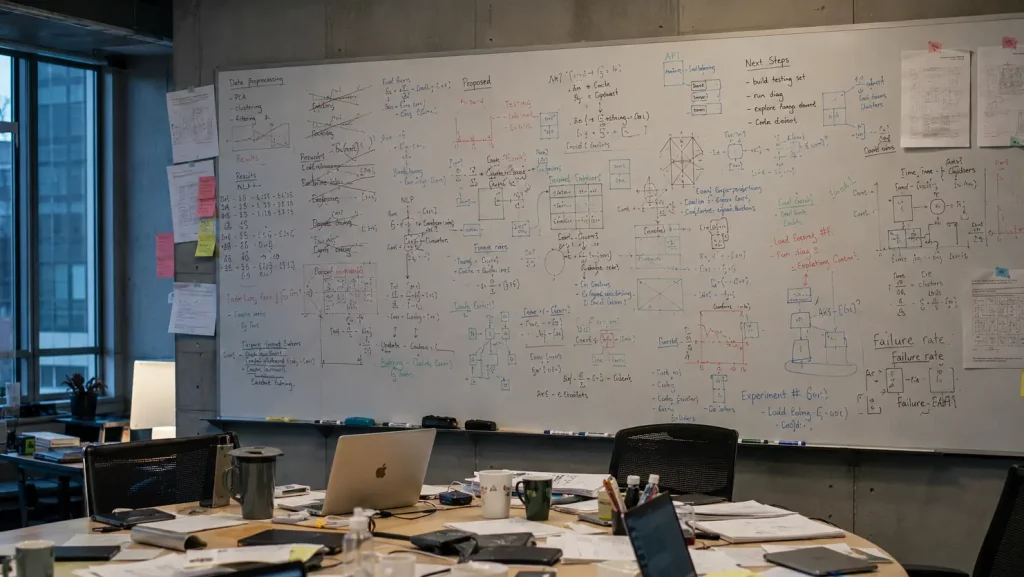 SR&ED costs employees vs. contractors — R&D strategy workspace with a planning whiteboard and laptops, illustrating a CTO's guide to Canadian SR&ED tax credit claims
