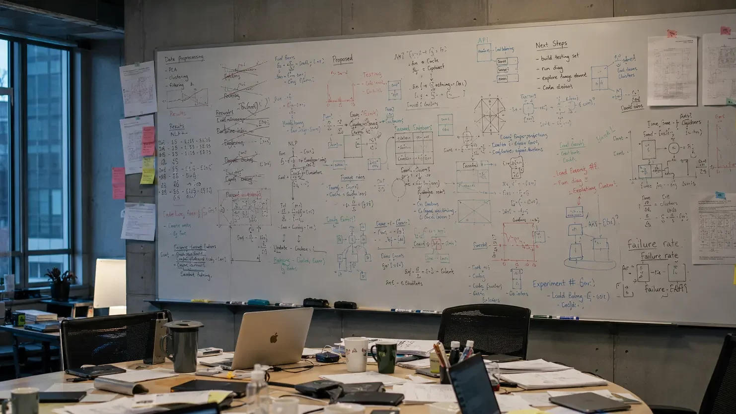 SR&ED costs employees vs. contractors — R&D strategy workspace with a planning whiteboard and laptops, illustrating a CTO's guide to Canadian SR&ED tax credit claims