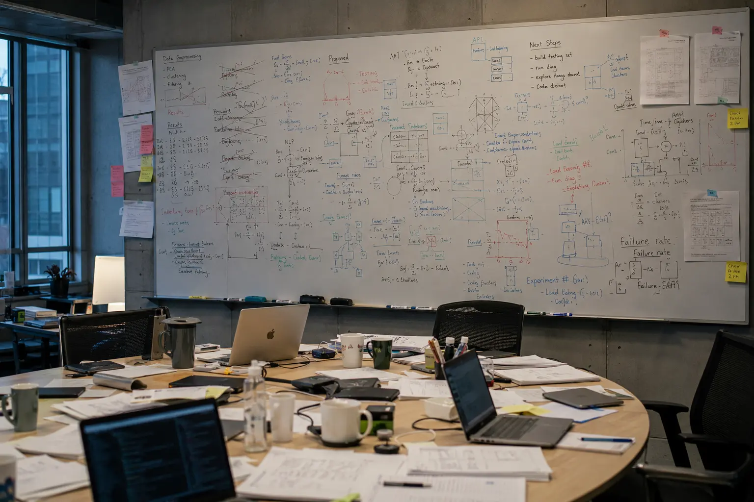 SR&ED costs employees vs. contractors — R&D strategy workspace with a planning whiteboard and laptops, illustrating a CTO's guide to Canadian SR&ED tax credit claims