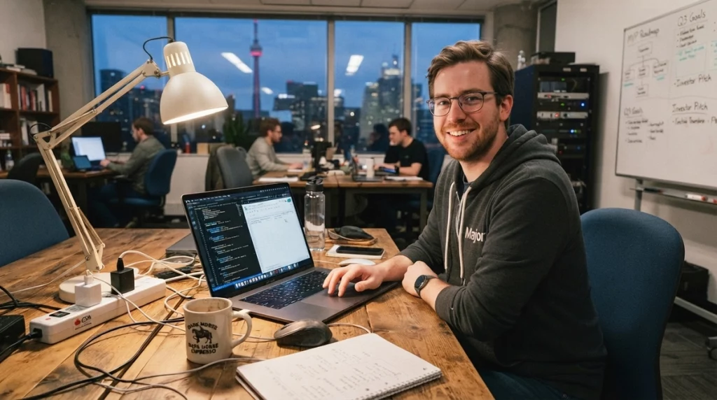 Early-stage startup founder working on a laptop in a modern office, weighing when to make his first SR&ED claim