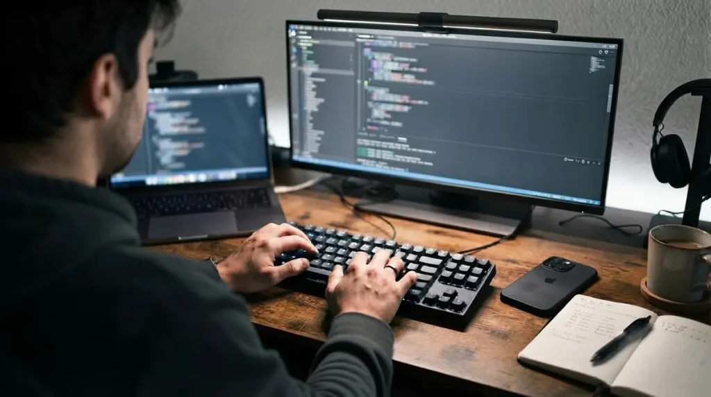 Developer working on his computer coding and working on a SR&ED project for his startup in Canada.