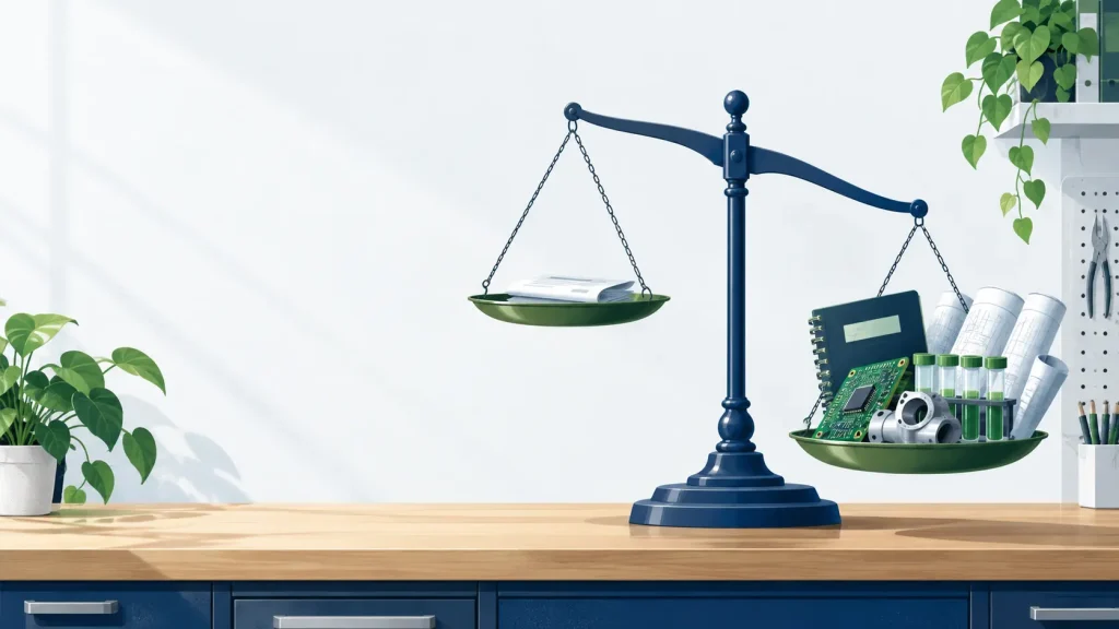 A balance scale weighing SR&ED consultant fees against lab notebooks, prototypes and engineering drawings.